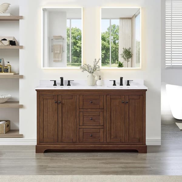 Avery 60 in. Double Freestanding Dark Walnut with Matte Black Trim Bath Vanity with White Cultured Marble Top
