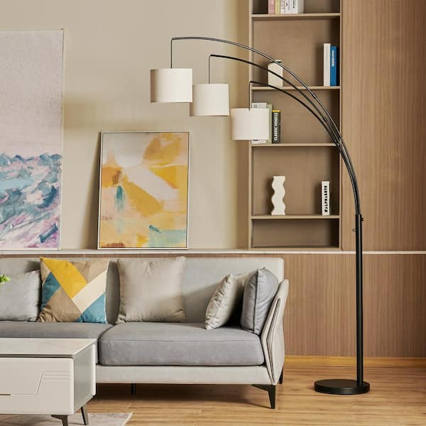 83 in. Black Arched Tree Floor Lamp with Adjustable Hanging Linen Drum Shades