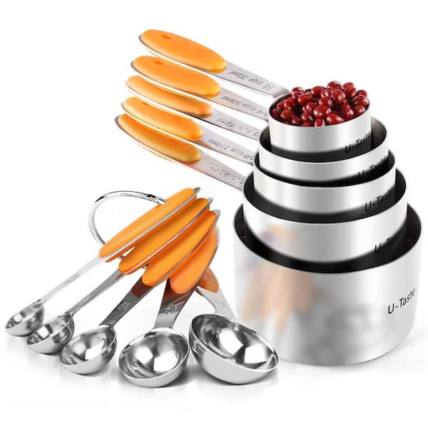 Adrinfly Upgraded 10-Piece Stainless Steel Orange Measuring Cup Set with Dishwasher Safe