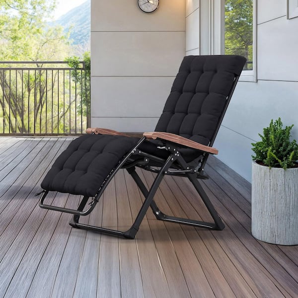 Oversized Zero Gravity 1 Piece Metal Outdoor Chaise Lounge Folding Recliner with Removable Black Cushion