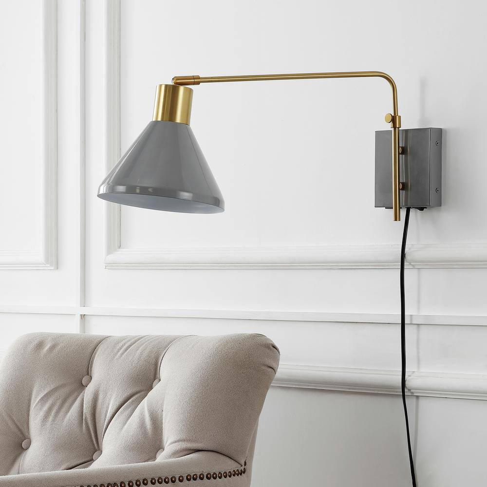 Max 20.5" Gray and Brass Gold Iron Swing Arm Sconce with USB Port