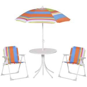 Kids Folding Table and Chairs Set Color Stripes with Removable & Height Adjustable Sun Umbrella