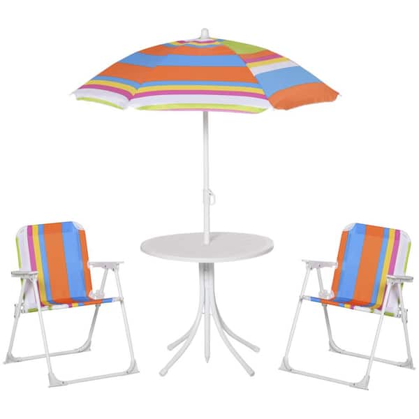 maocao hoom Kids Folding Table and Chairs Set Color Stripes with Removable & Height Adjustable Sun Umbrella