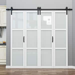 80 in. x 84 in. 3-Lite Tempered Frosted Glass White Finished Composite MDF Bi-Fold Sliding Barn Door with Hardware Kit