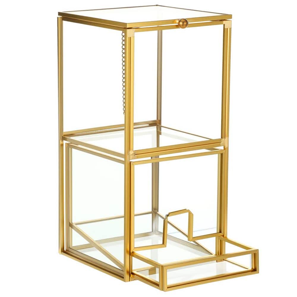 2-Tier Clear Glass Q-Tip Holder with Lid Gold Frame Cotton Ball Swab Dispenser for Bathroom Vanity Qtip price history on PriceWatchPro