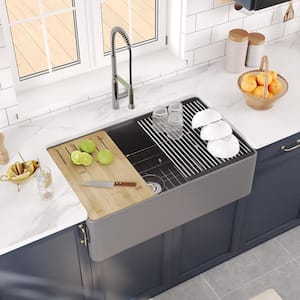 Gray Fireclay 33 in. Single Bowl Farmhouse/Apron-Front Workstation Kitchen Sink with Accessories