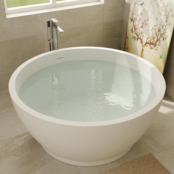 Round 52.7 in x 52.7 in Solid Surface Freestanding Soaking Bathtub in Matte White
