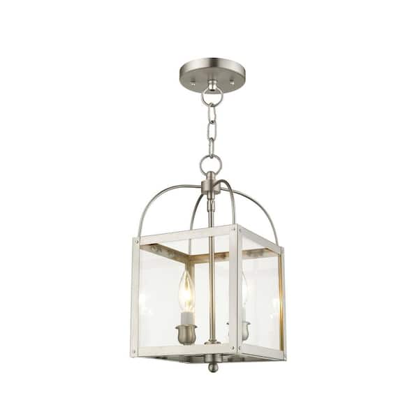 Livex Lighting Milford 60-Watt 2-Light Brushed Nickel Lantern Pendant Light with Clear Glass Shade and No Bulbs Included