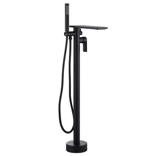Brass Freestanding Bathtub Faucet Single-Handle Floor Mount Claw Foot Tub Faucet with Hand Shower in Matte Black