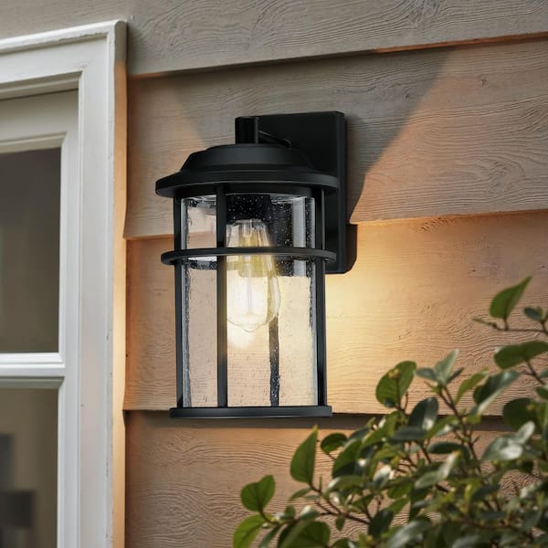 1-Light Black Cylinder Outdoor Wall Sconce Hardwired Porch Light Lantern with No Bulbs Included
