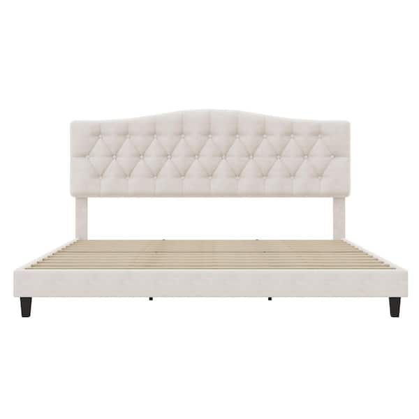 Harper & Bright Designs Beige Wood Frame King Size Linen Upholstered Platform Bed with Saddle Curved Diamond-Tufted Headboard