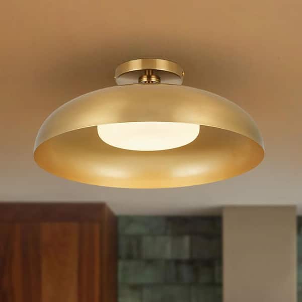 Lumin 1-Light 15.7 in.W Brass Integrated LED Semi-Flush Mount Dome Ceiling Light with Frosted Opal Glass for Foyer