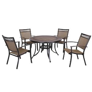 Brunello Dark Gold 5-Piece Cast Aluminum Patio Round Table 28 in. H Outdoor Dining Set with Umbrella Hole