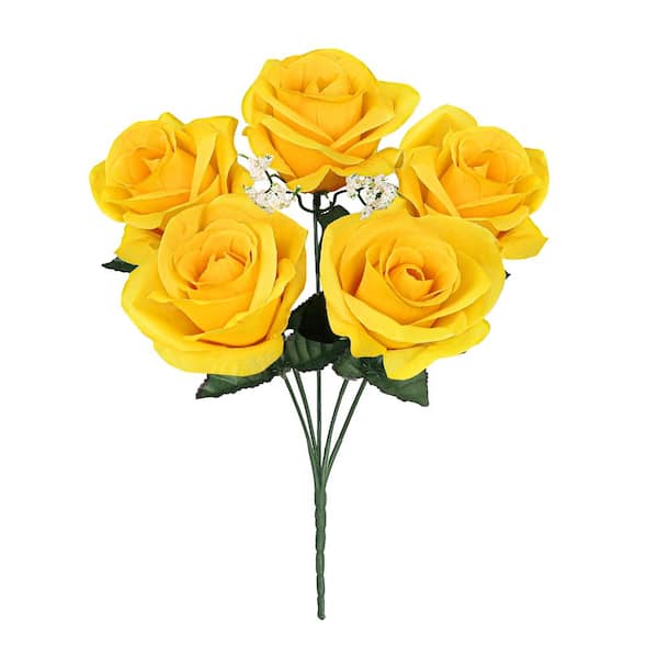LIVING LUXURY 14 in. Yellow Artificial Open Rose Flower Stem Bush Bouquet (Set of 12)