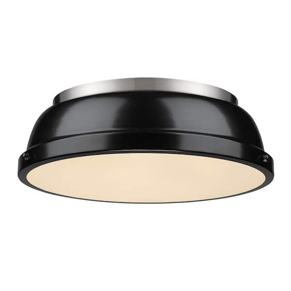 Golden Lighting Duncan 14 in. 2-Light Pewter Flush Mount with Gloss Black Shade