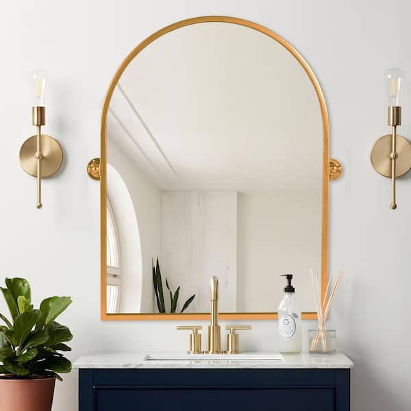 Lirago 24 in. W x 36 in. H Arched Metal Framed Pivoted Bathroom Wall Vanity Mirror in Gold