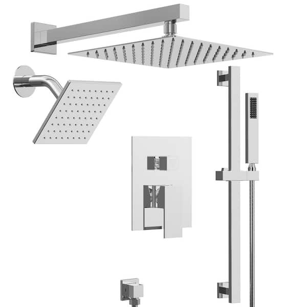 ClassicRain 3 in 1 Square with Valve 3-Spray Dual Wall Mount 10 in. Fixed and Handheld Shower Head 2.5 GPM in Chrome