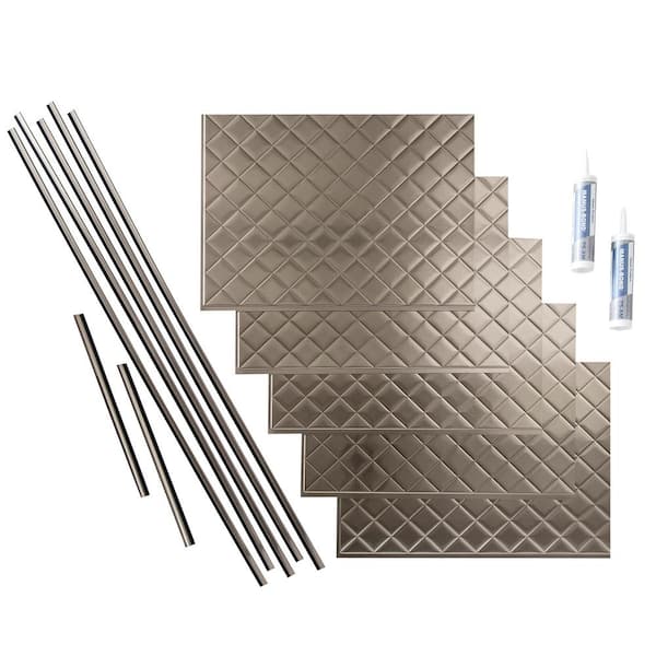 Fasade Quilted 18 in. x 24 in. Brushed Nickel Vinyl Decorative Wall Tile Backsplash 18 sq. ft. Kit