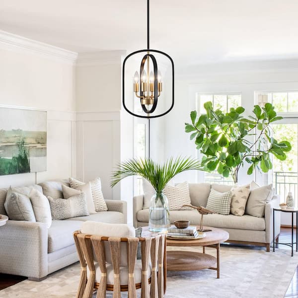 4-Light Black and Gold Rustic Candlestick Linear Chandelier Light for Kitchen Island,Living Room