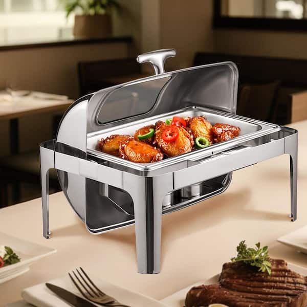 Roll Top Chafing Dish Set, 4 qt. Stainless Steel Chafer with 2 Half Size Pans, Rectangle Catering Warmer, Silver