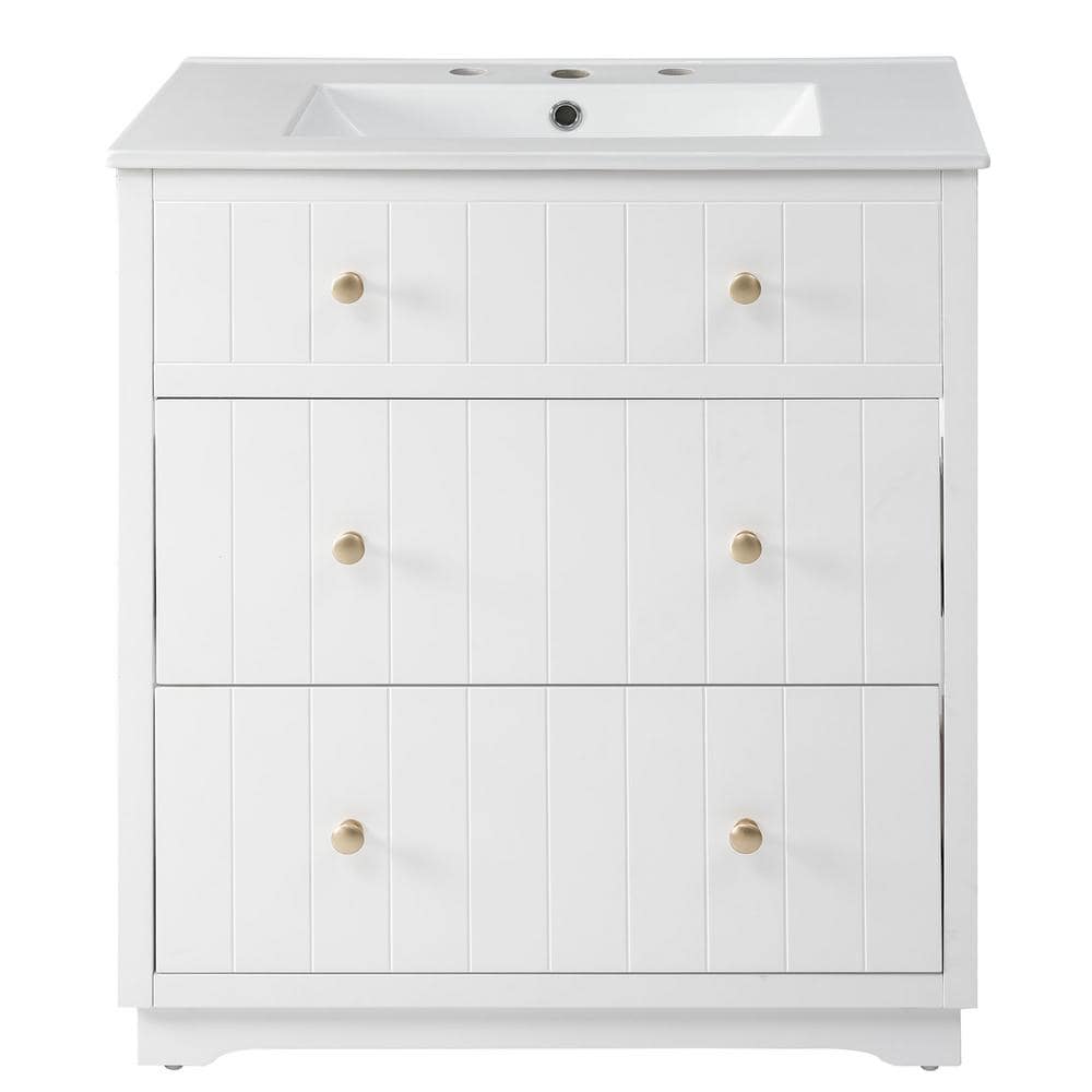 30 in. W x 18 in. D x 34 in. H Single Sink Freestanding Bath Vanity in White with White Ceramic Top, 2 drawers price history on PriceWatchPro