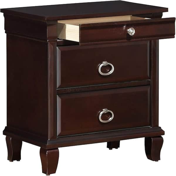Burgundy Finish, 3 Drawers Nightstand
