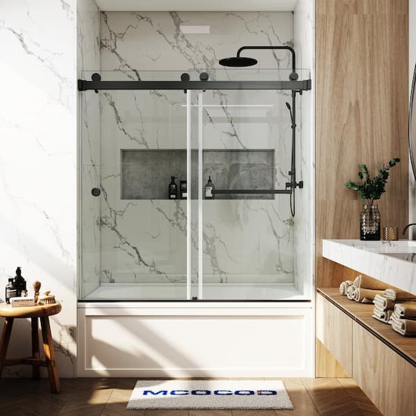 MCOCOD 56-61 in. W x 66 in. H Double Sliding Frameless Smooth Sliding Tub Door in Matte Black with 3/8 in. Clear Glass