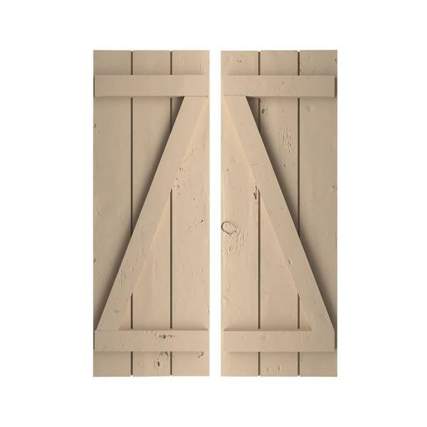 Ekena Millwork 16.5 in. x 84 in. Timberthane Polyurethane 3-Board Joined Board-n-Batten Knotty Pine Faux Wood Shutters w/Z-Board Pair