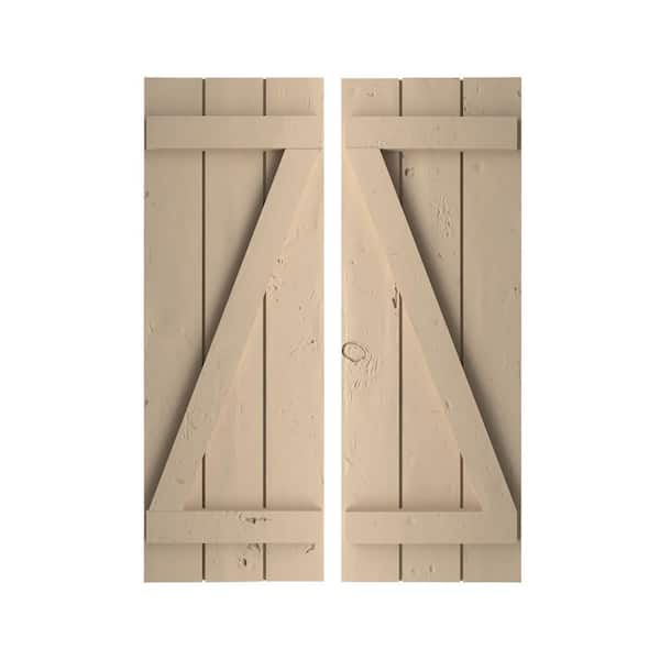 Ekena Millwork 16.5 in. x 86 in. Timberthane Polyurethane 3-Board Joined Board-n-Batten Knotty Pine Faux Wood Shutters w/Z-Board Pair