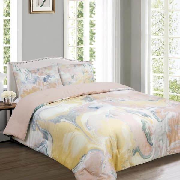 GINGHAM & THREAD Marble Blush Multi-Color Cotton Full/Queen 3-Piece Comforter Set