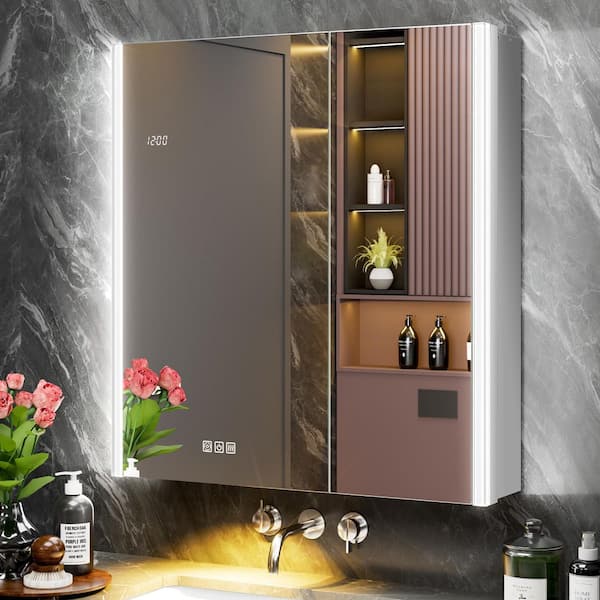 AuraPro 30 in.W x 32 in.H Rectangular Surface/Recessed Wall Mount Lighted Medicine Cabinet with Mirror,Magnifying Glass