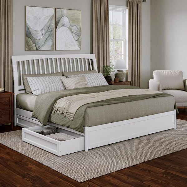 AFI Roslyn White Solid Wood Frame King Platform Bed with Panel Footboard and Storage Drawers