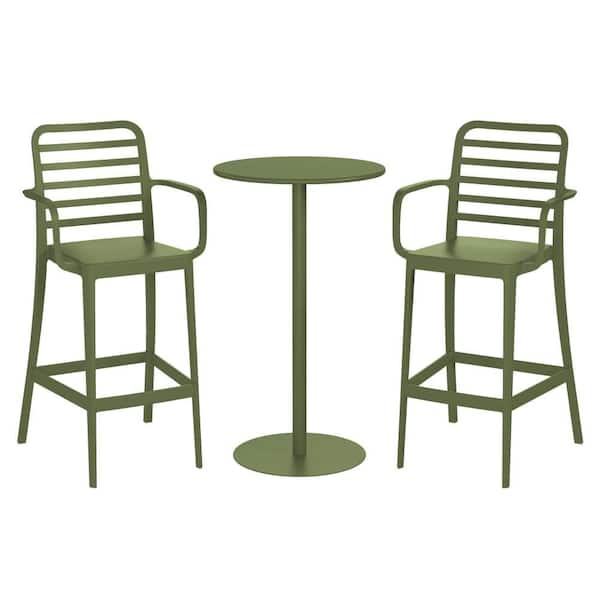 Frond&Form 3-Piece Outdoor Patio All Weather Bar Height Dining Set w/ Round Table and Bistro Arm Chairs, Olive Green