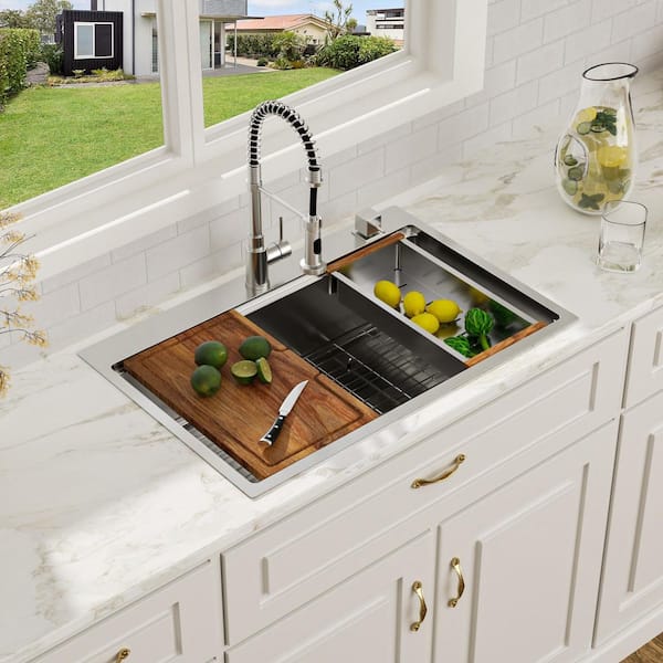 33 in. Drop in Workstation Sink Single Bowl 16-Gauge Brushed Nickel Stainless Steel Kitchen Sink with Bottom Grids