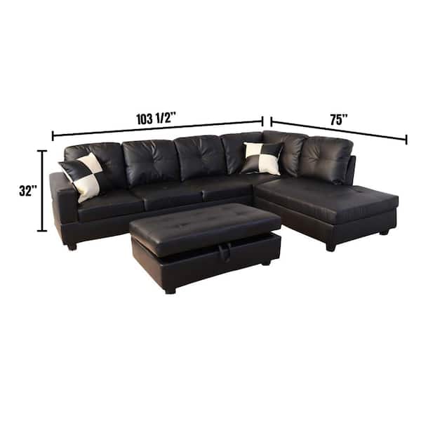 Facing Chaise Sectional Sofa, Black Leather Couch With Ottoman