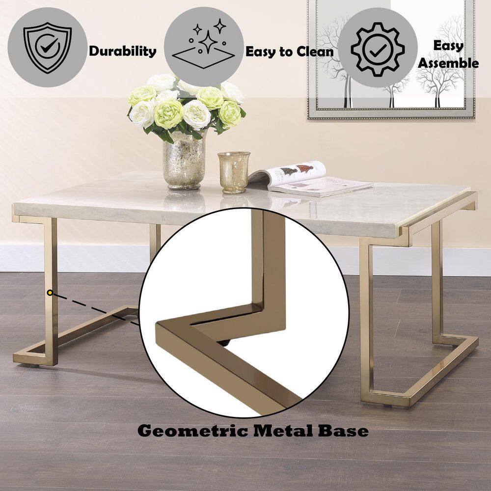 Contemporary Rectangular Lift-Top Coffee Table in Beige Faux Marble & Champagne