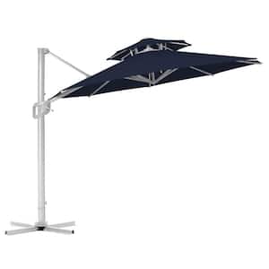12 ft. 2-Tier Aluminum Round Cantilever Offset Umbrella Patio Umbrella 360 Rotation and Pole Cross Base in Navy Blue