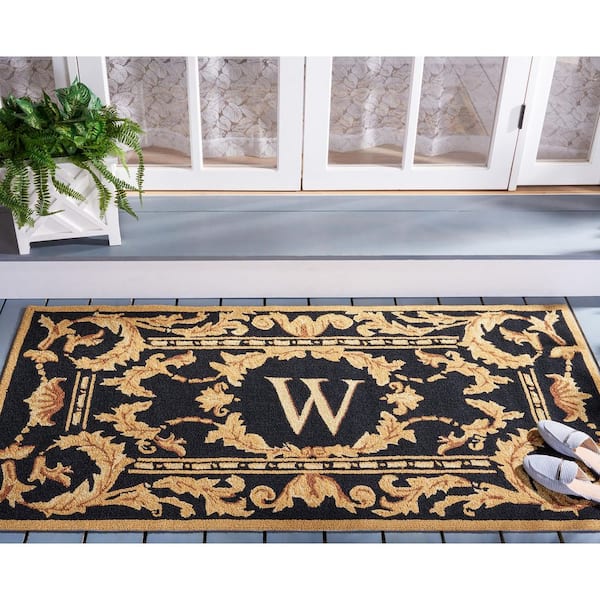 Monogram Black 3 ft. x 6 ft. "W" Ornate Leaf Indoor/Outdoor Area Rug