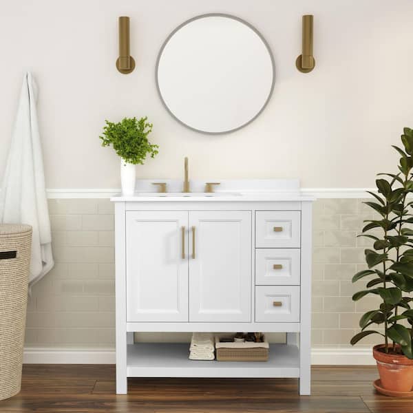 Vega 36 in. Bathroom Vanity with Sink Storage Cabinet Open Shelf, 3 Drawers Carrara Marble Finish Countertop White/Gold