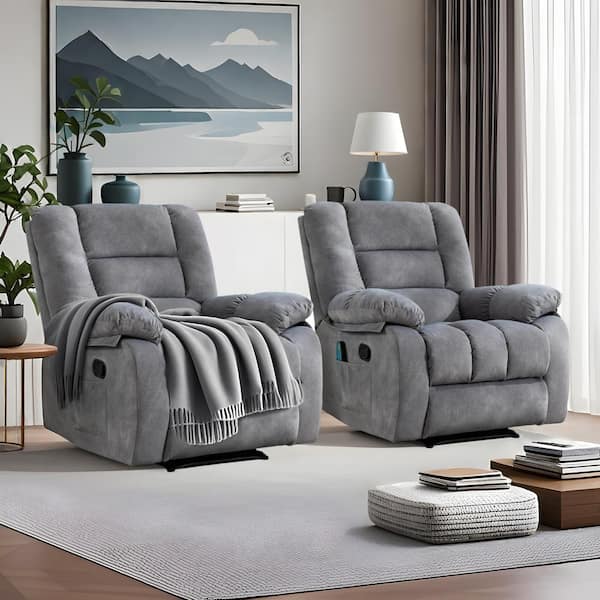 (Set of 2) 37 in. W Gray Oversize Fabric Recliner Chairs with 8-Point Vibration Massage Manual Pull Recliner with Timer