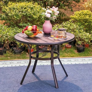 Black Slat Round Metal Patio Outdoor Dining Table with 1.57 in. Umbrella Hole