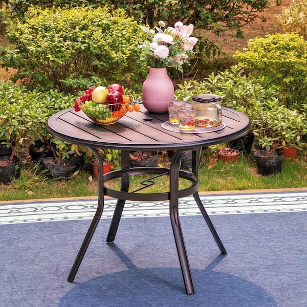 PHI VILLA Black Slat Round Metal Patio Outdoor Dining Table with 1.57 in. Umbrella Hole