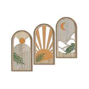 3-Panels 16 in. x 8 in. Beige Sunrise Earthtone'' by Abstract Wood Wall Art
