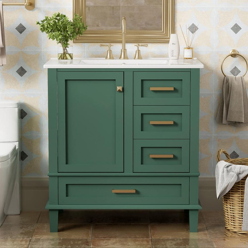 30 in. Single Sink Freestanding Green Solid Wood Frame Bath Vanity with White Ceramic Top, 3 Drawers & 1 Soft Close Door price history on PriceWatchPro
