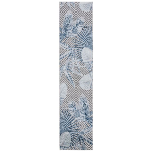Cabana Ivory/Navy 2 ft. x 9 ft. High-Low Diamond Leaf Indoor/Outdoor Runner Rug