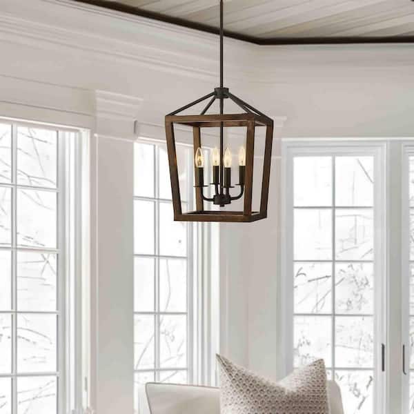 4-Light Black and Faux Wood Farmhouse Geometric Chandelier Light Fixture
