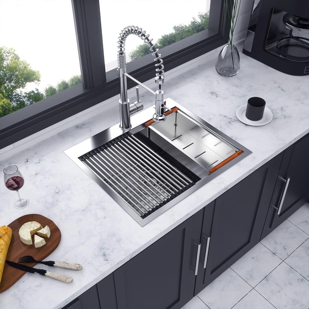 25'' Brushed Nickel Stainless Steel Single Bowl Workstation Sink