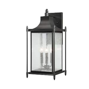 Dunnmore 11 in. W x 23.5 in. H 3-Light Black Hardwired Outdoor Wall Lantern Sconce with Seeded Glass Shade