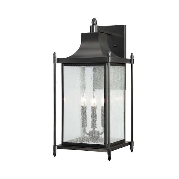 Savoy House Dunnmore 11 in. W x 23.5 in. H 3-Light Black Hardwired Outdoor Wall Lantern Sconce with Seeded Glass Shade
