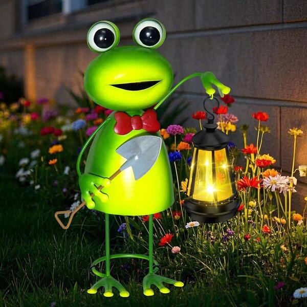 6 in. x 14 in. Green Metal Frog Garden Statue with Solar Lantern